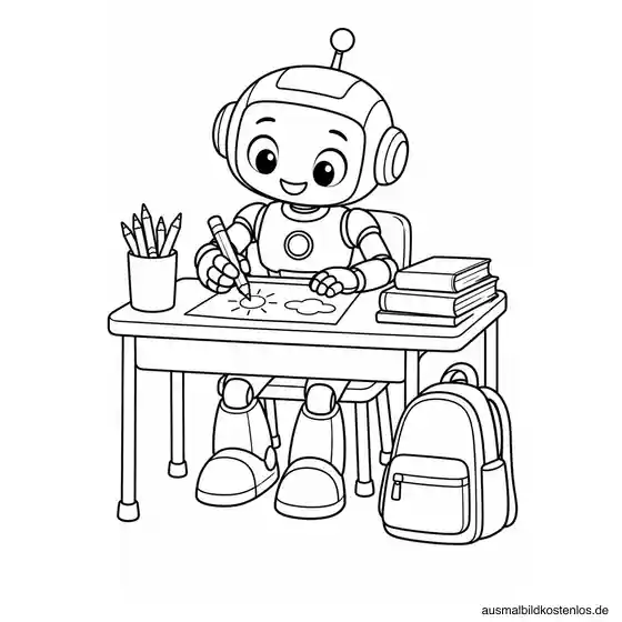 Ein kleiner Roboter sitzt am Schultisch, zeichnet Formen auf Papier und hat Stifte und Bücher griffbereit.