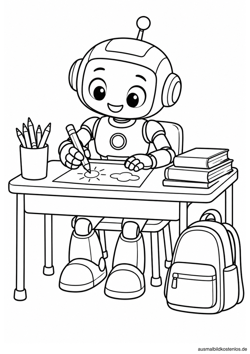 Ein kleiner Roboter sitzt am Schreibtisch, malt auf einem Blatt und neben ihm stehen Bücher und ein Rucksack.