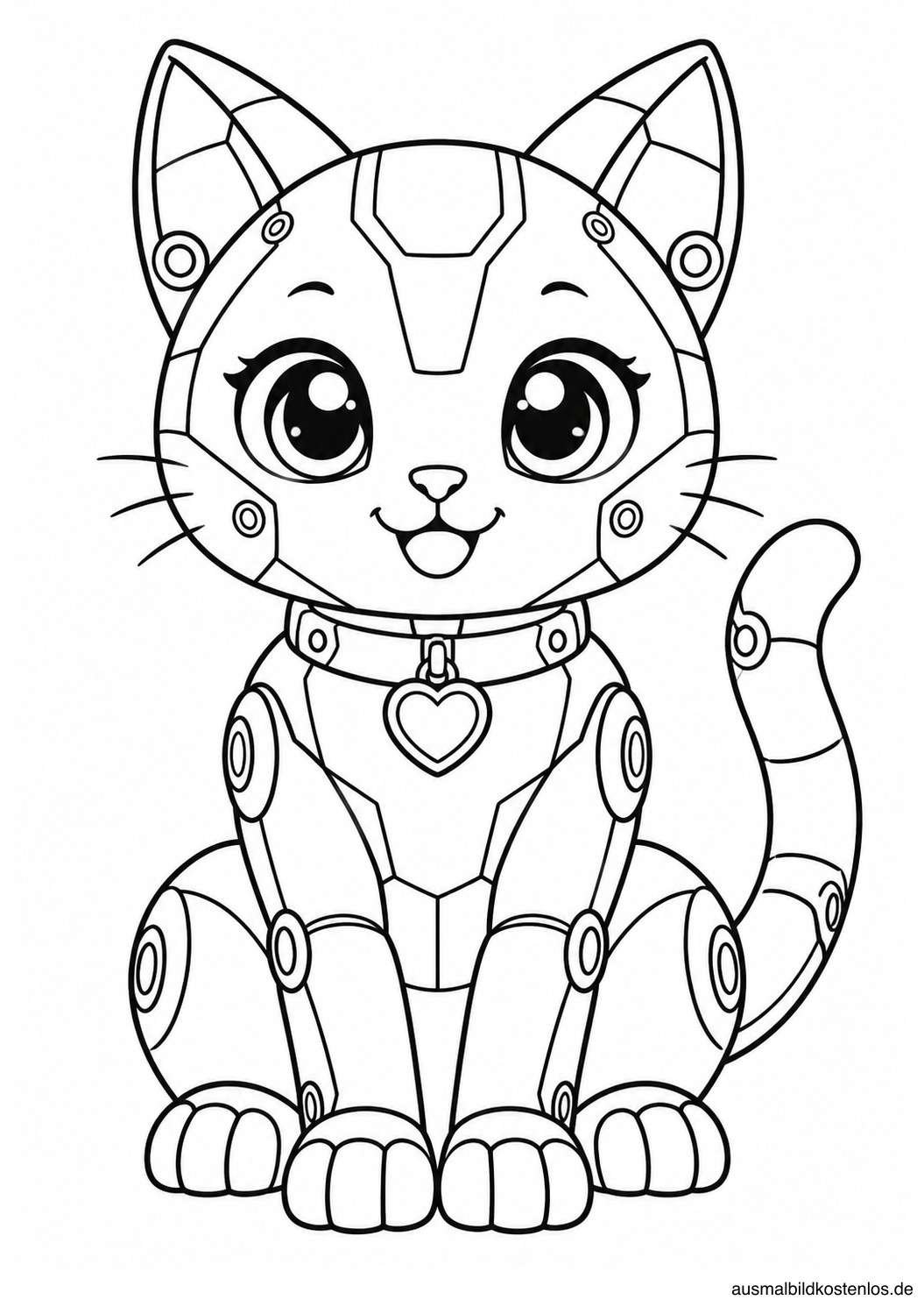 Eine süße Roboter-Katze mit großen Augen sitzt frontal und hat einen mechanischen Körper mit Herzanhänger.