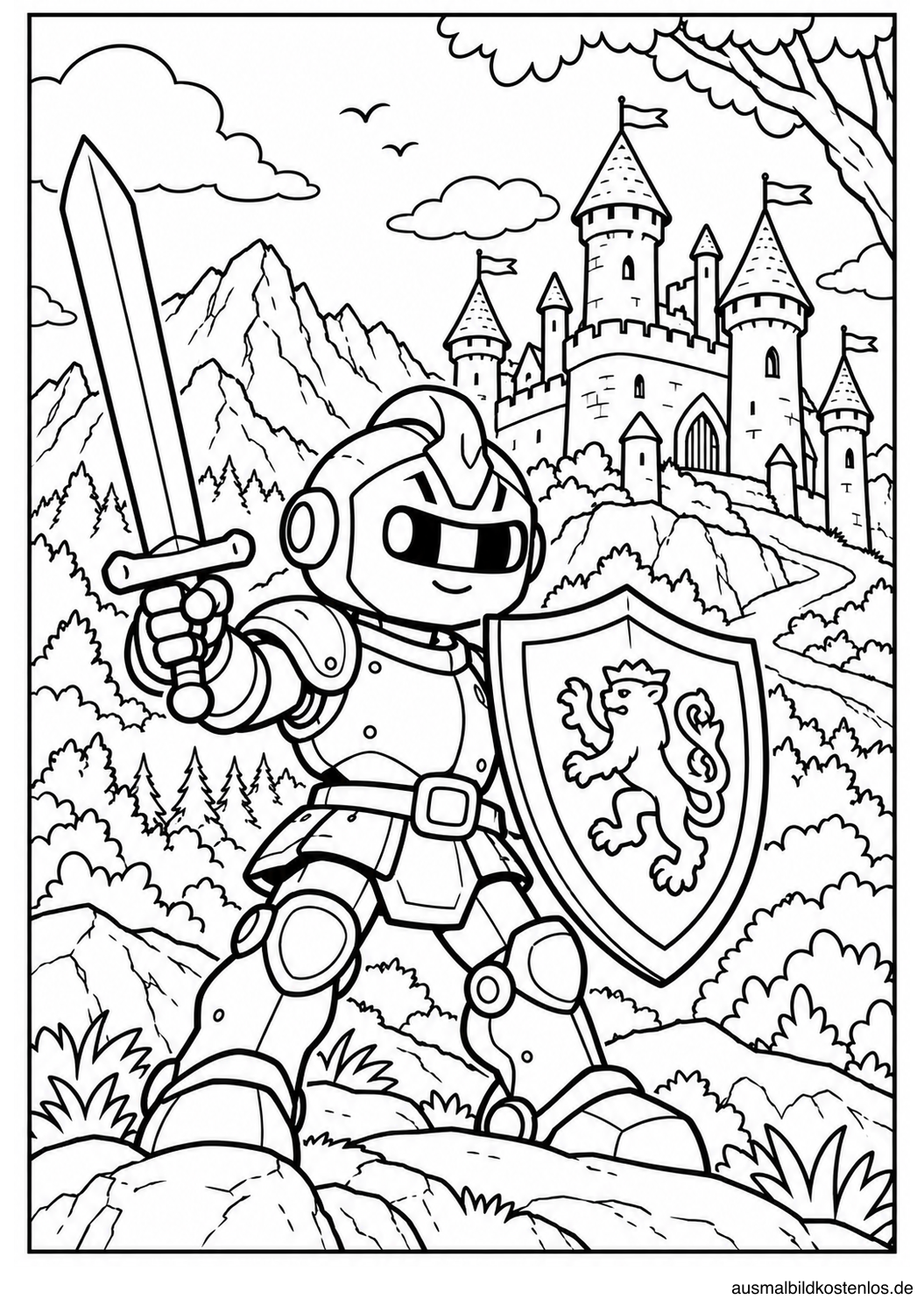 Ein Roboter als Ritter steht mit Schwert und Schild vor einer großen Burg.
