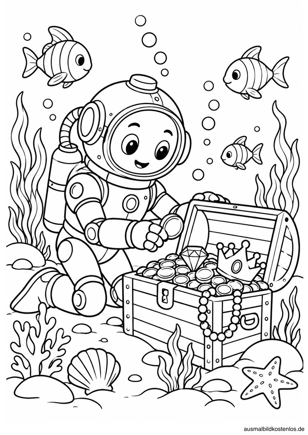 Ein Roboter taucht unter Wasser neben einer offenen Schatzkiste mit Krone, Münzen und Fischen.