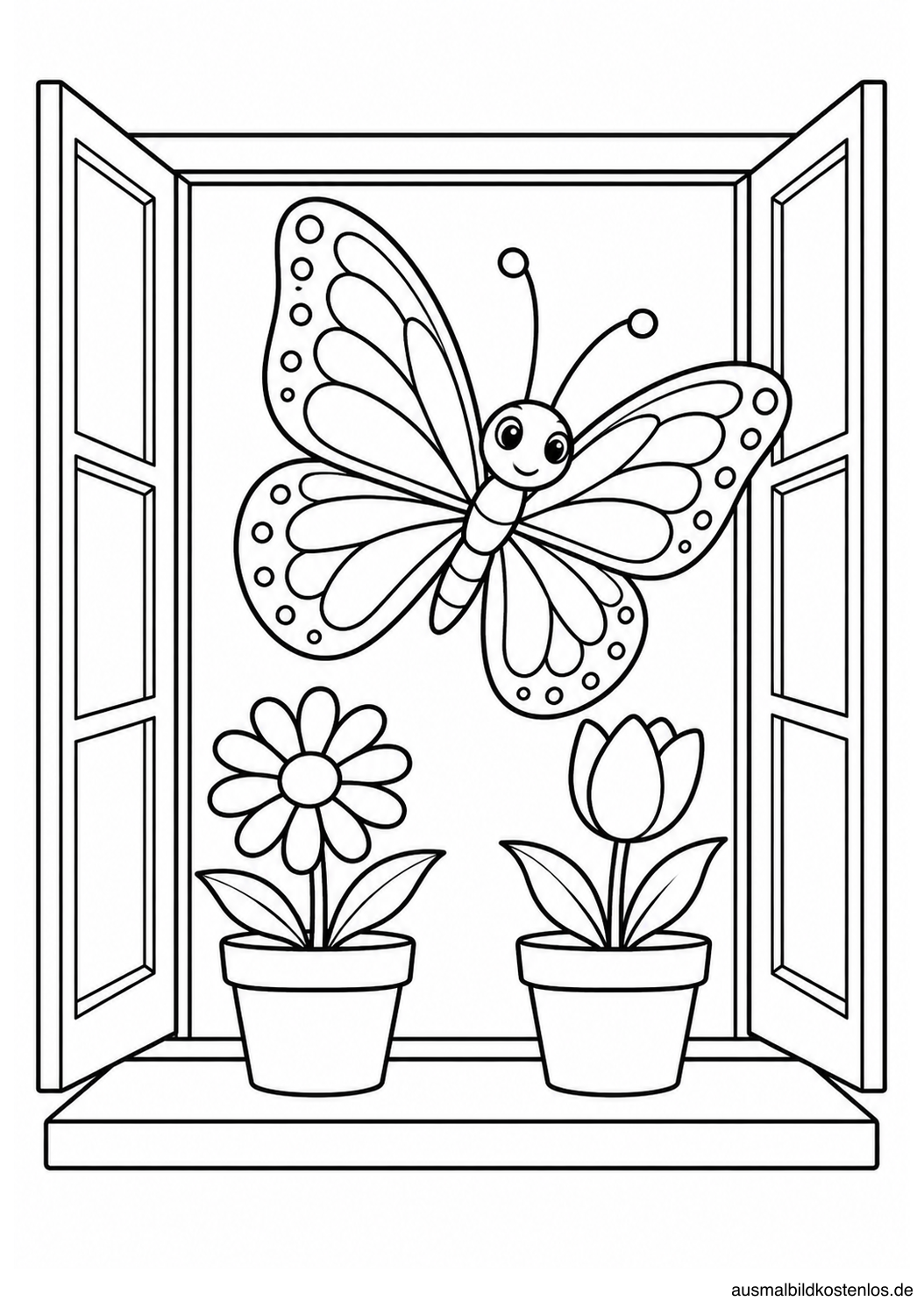 Schmetterling vor einem geöffneten Fenster mit zwei Blumentöpfen und jeweils einer Blume auf der Fensterbank.