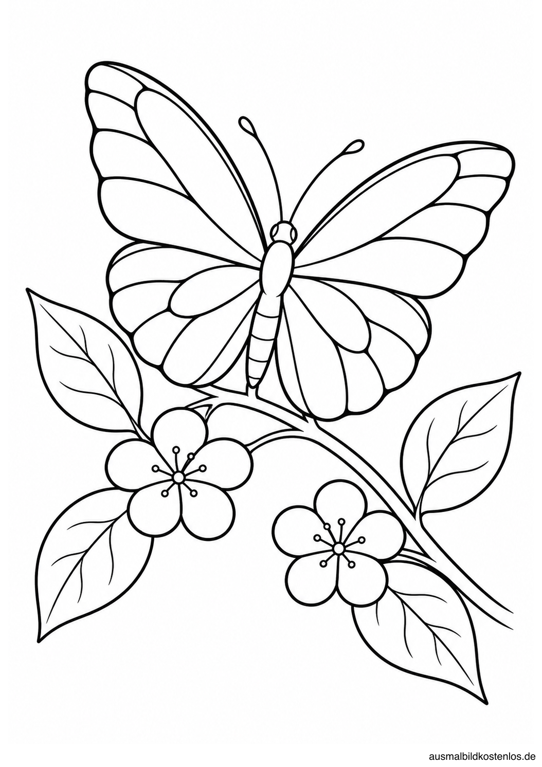 Schmetterling mit geöffneten Flügeln auf einem gebogenen Zweig mit vier Blättern und zwei Blüten.