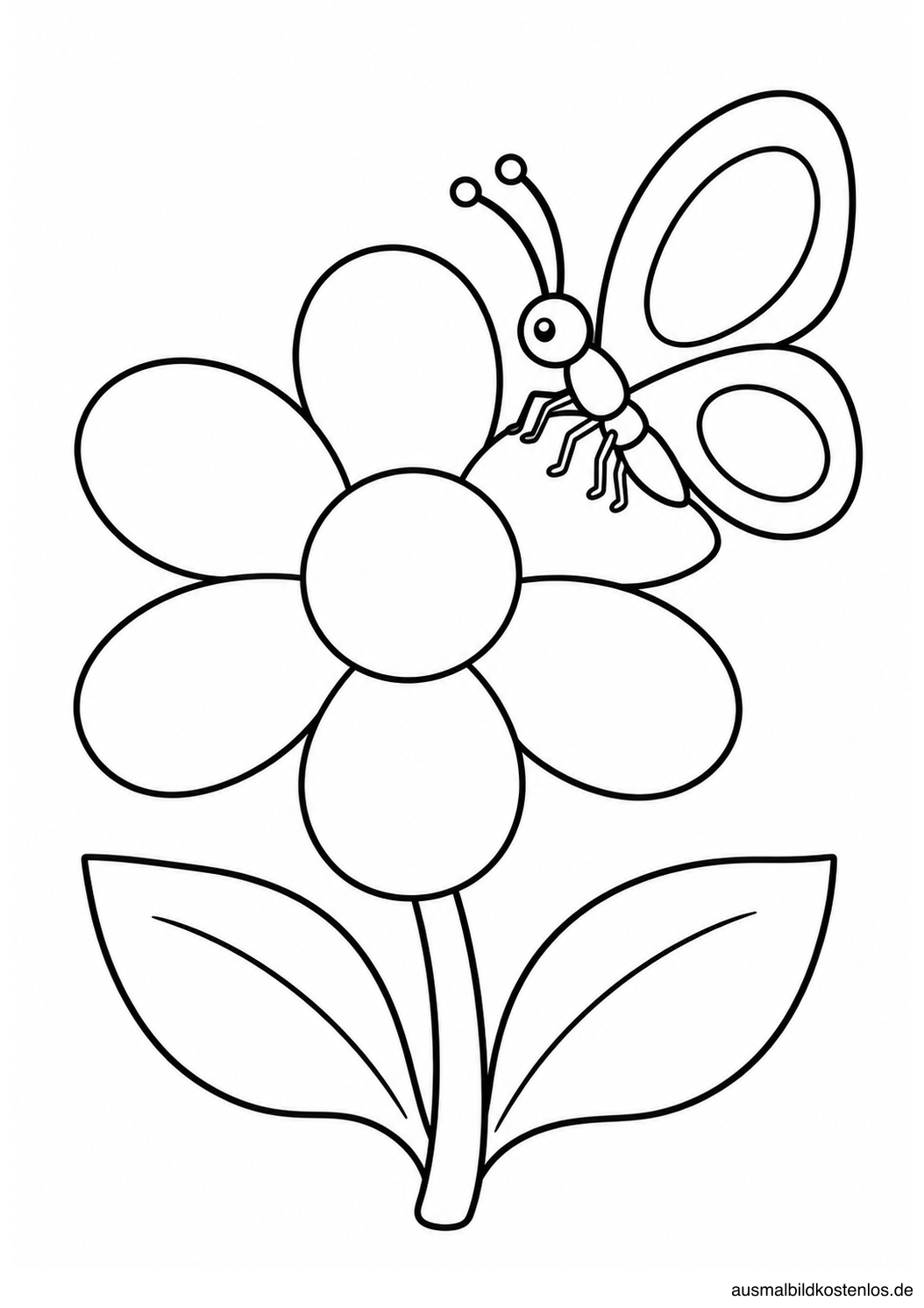 Schmetterling auf einer Blume mit sechs großen Blütenblättern, einem Stängel und zwei Blättern.