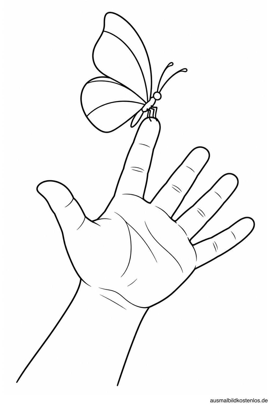 Schmetterling mit aufgerichteten Flügeln auf dem Zeigefinger einer offenen Kinderhand mit kurzem Unterarm.