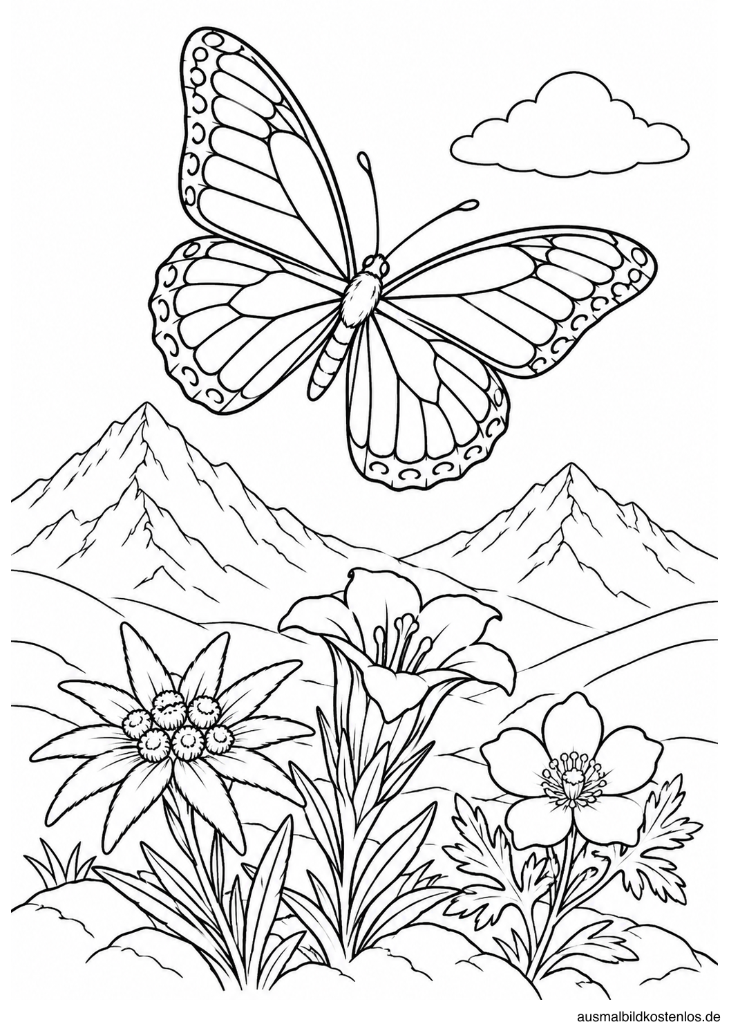 Schmetterling mit gegliederten Flügeladern über drei Bergblumen, dahinter zwei Berggipfel und eine Wolke.