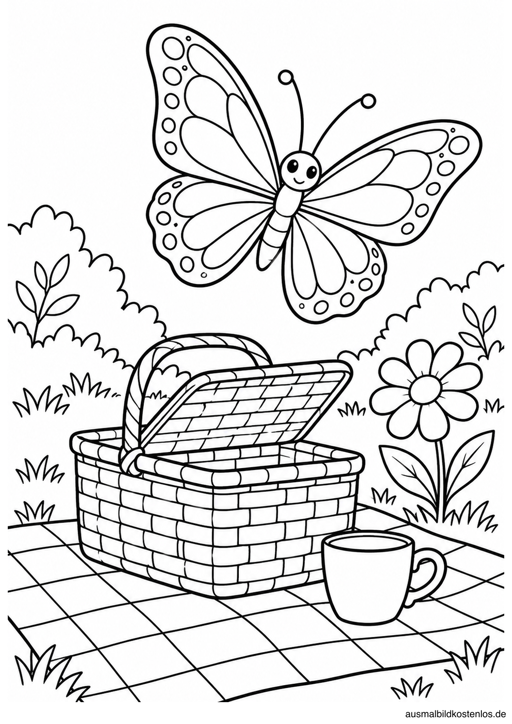 Schmetterling über einem offenen Picknickkorb auf einer karierten Decke, daneben eine Tasse und eine Blume.