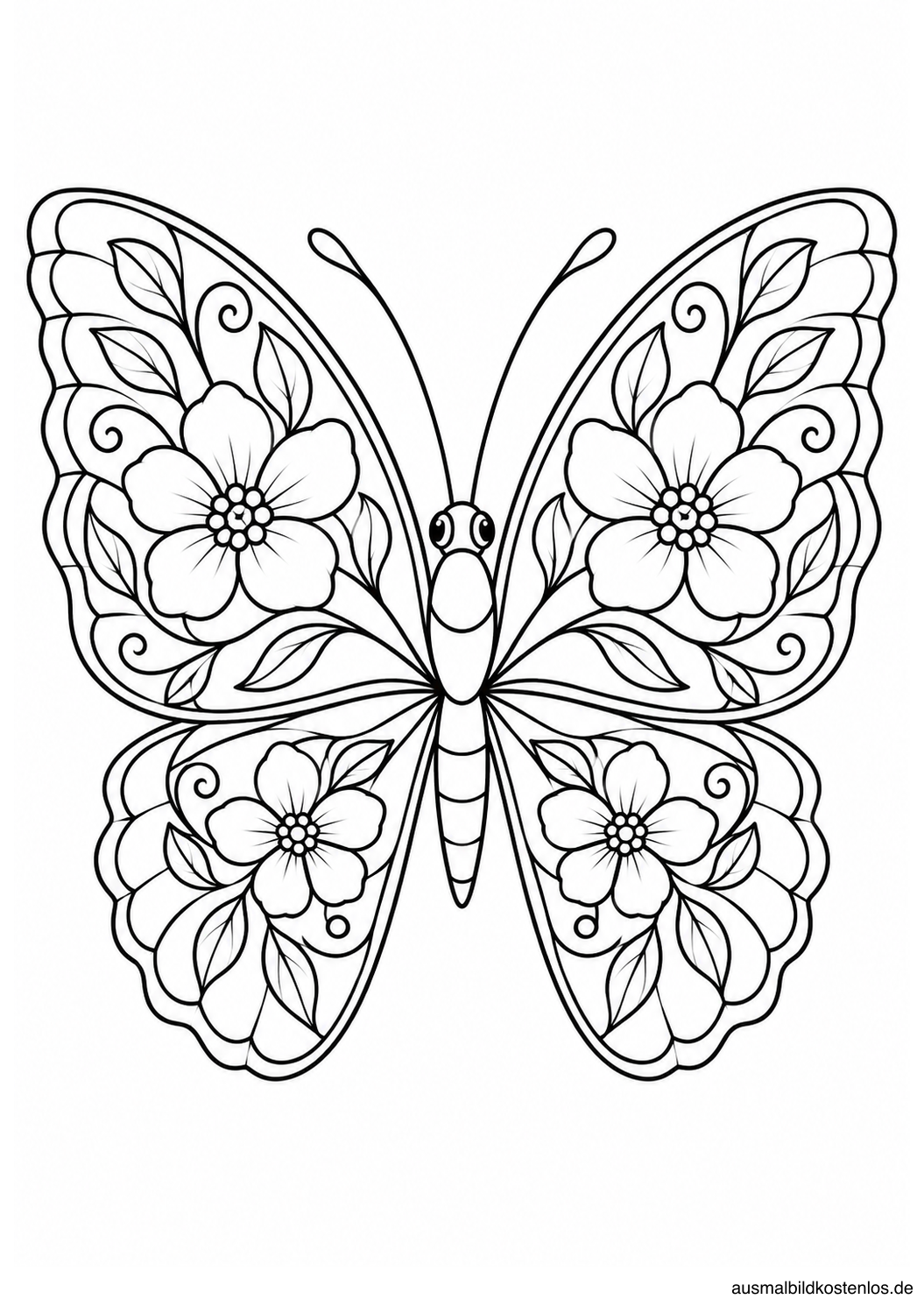 Symmetrischer Schmetterling mit Blüten und Blattranken in den Oberflügeln sowie kleineren Blüten unten.