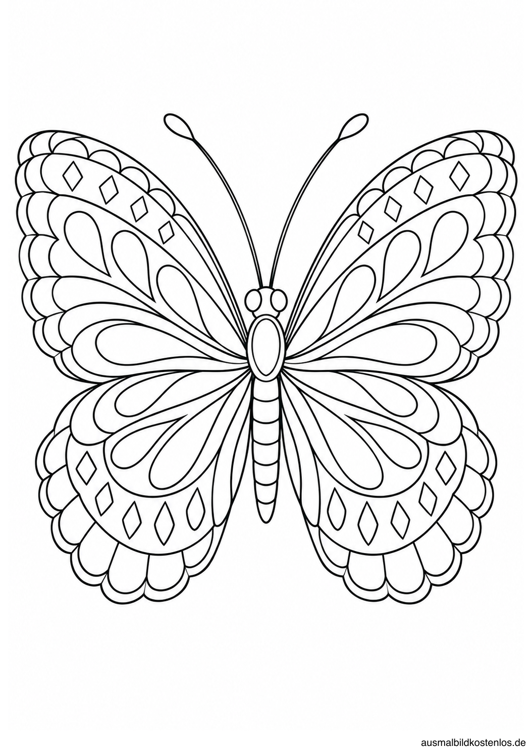 Symmetrischer Schmetterling mit Reihen aus Rauten, Tropfen und Bögen auf den Flügeln.