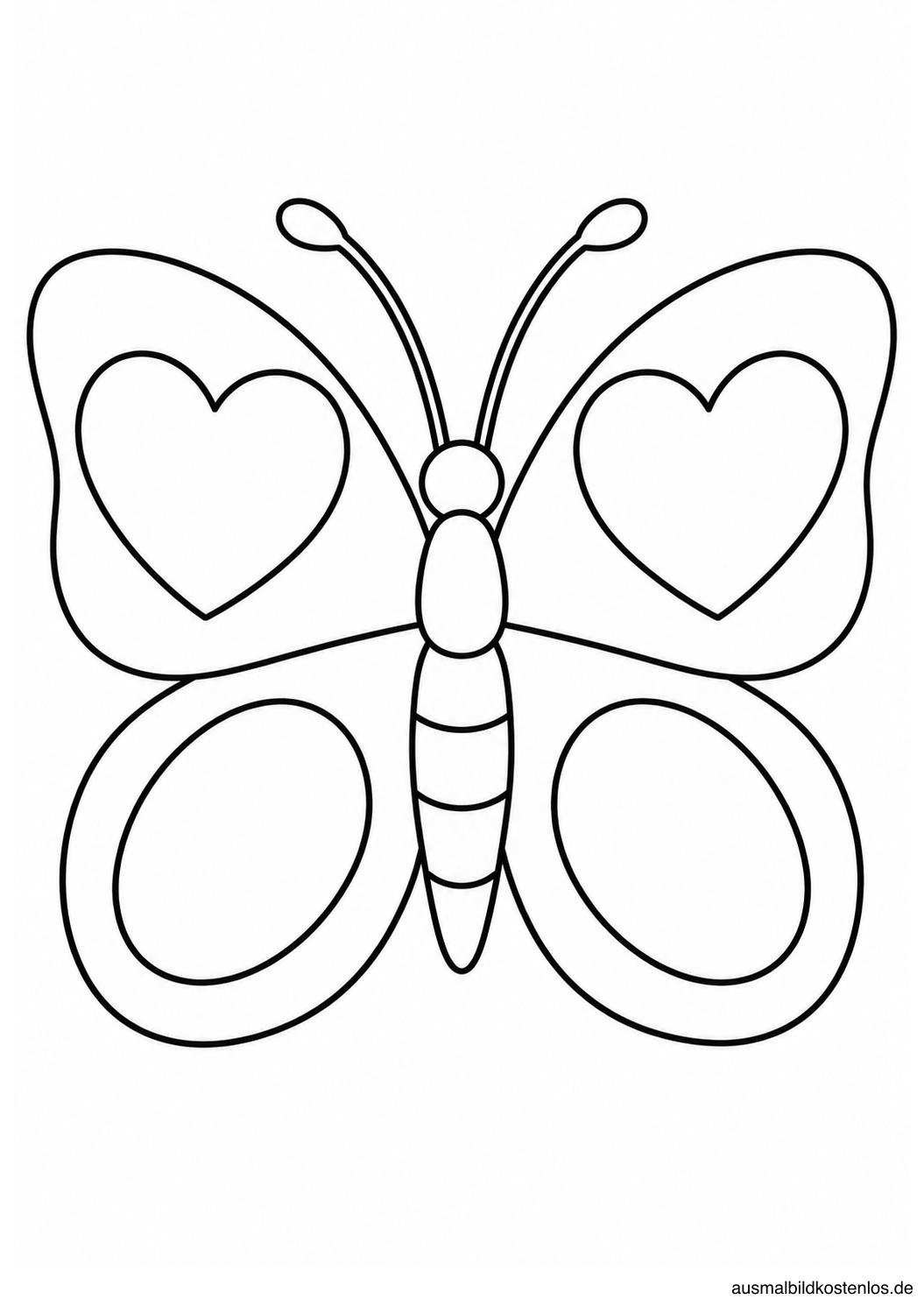 Schmetterling in Draufsicht mit je einem Herz auf den Oberflügeln und Ovalen auf den Unterflügeln.
