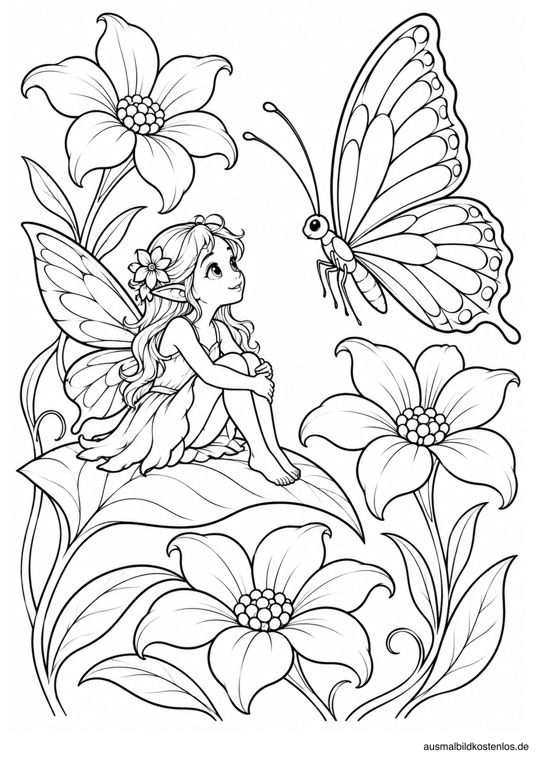 Kleine Fee auf einem breiten Blatt vor einem großen Schmetterling, umgeben von drei Fantasieblumen.
