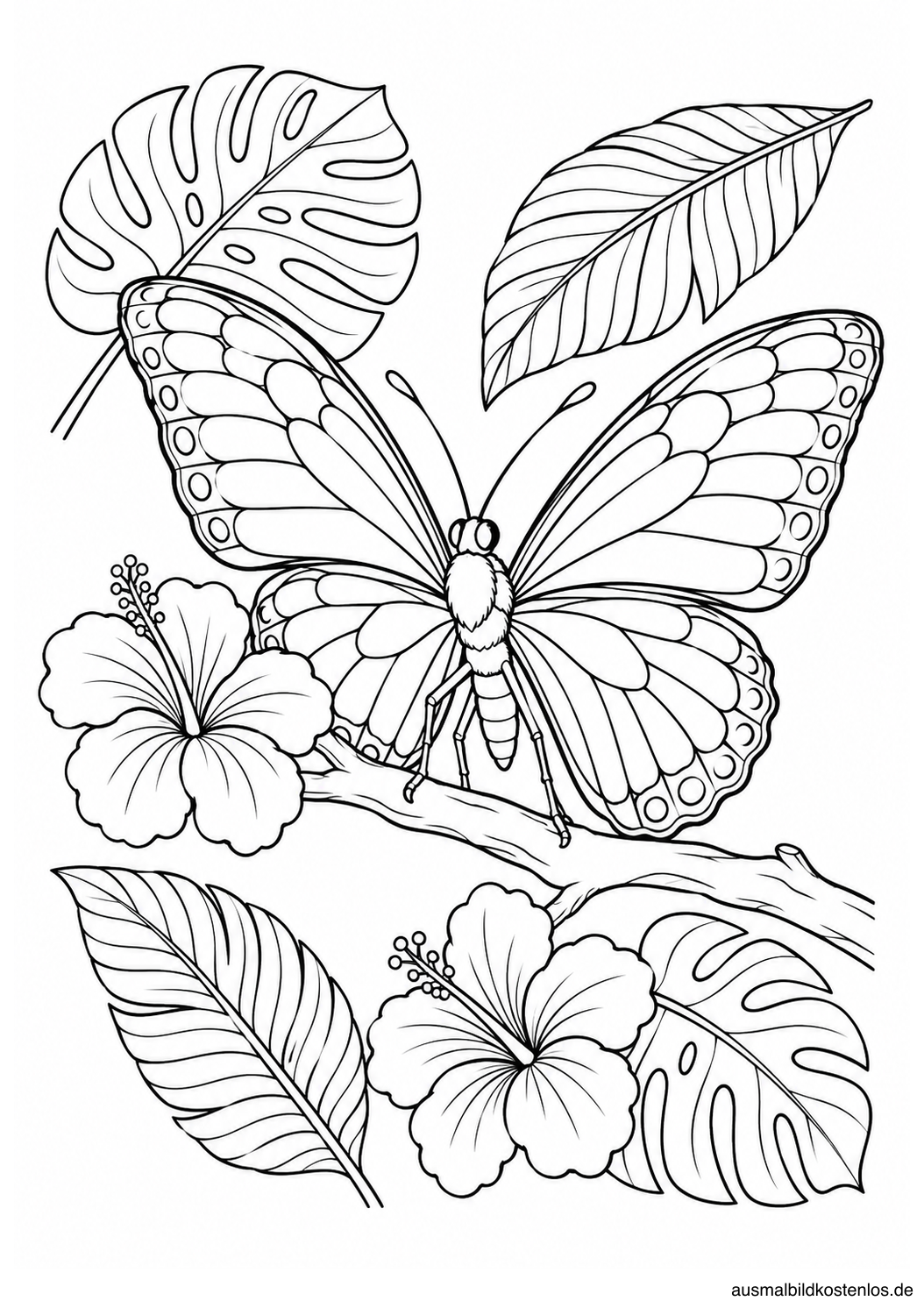 Schmetterling auf einem Zweig zwischen vier tropischen Blättern und zwei großen Blüten.