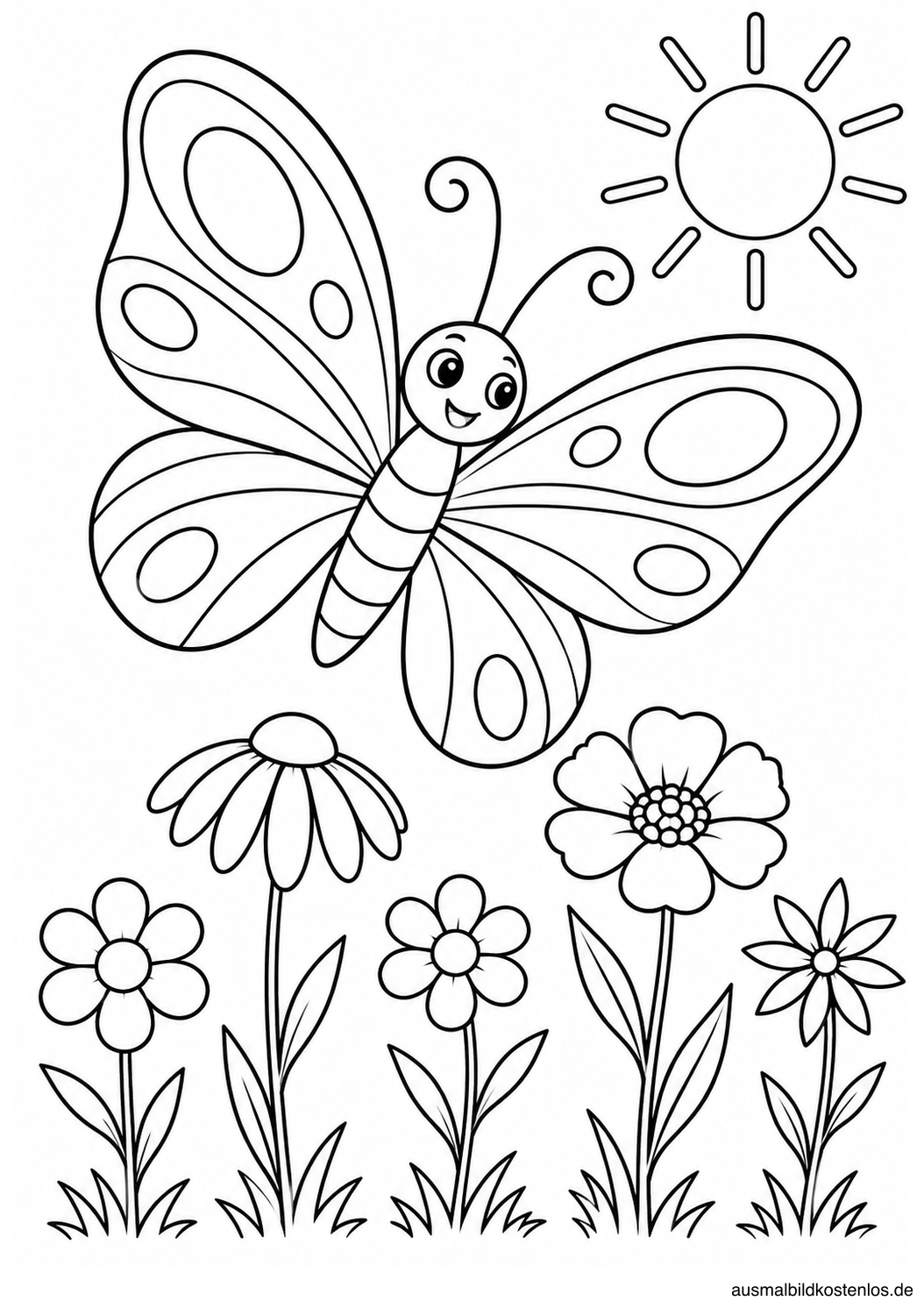 Schmetterling mit Streifen und Ovalen über fünf Wiesenblumen, rechts oben eine Sonne.