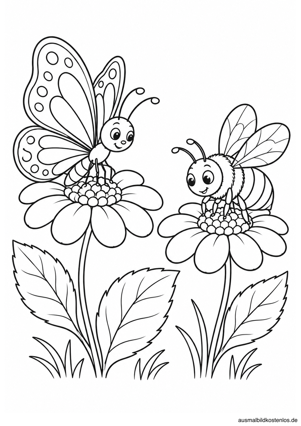 Schmetterling und Biene auf zwei getrennten Blüten mit drei großen Blättern und Gras.