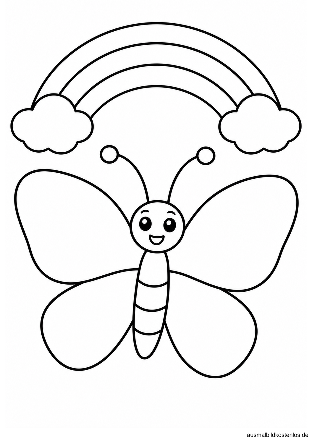 Großer Schmetterling unter einem Regenbogen mit drei breiten Bändern und zwei einfachen Wolken.