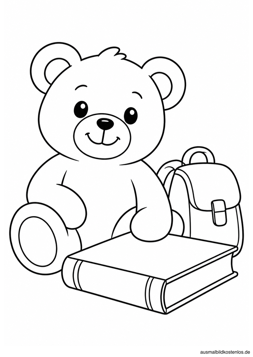 Lächelnder Teddybär sitzt mit einem kleinen Schulranzen neben einem großen geschlossenen Buch.