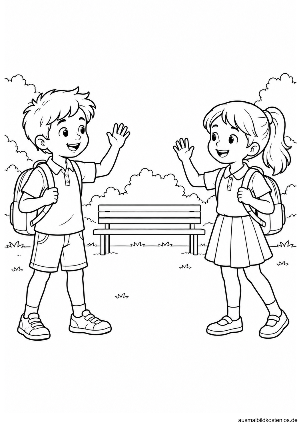 Zwei Kinder mit Schulranzen stehen einander gegenüber und winken; hinter ihnen steht eine leere Bank.