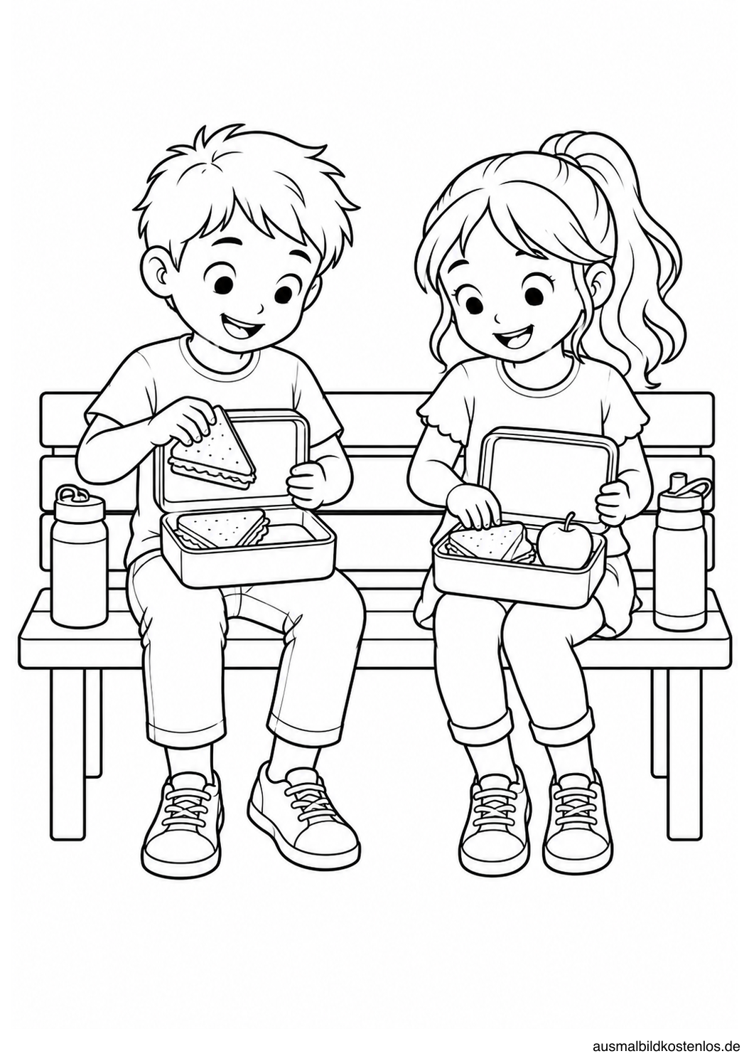 Zwei Kinder sitzen auf einer Bank mit offenen Brotdosen, belegten Broten, einem Apfel und zwei Trinkflaschen.
