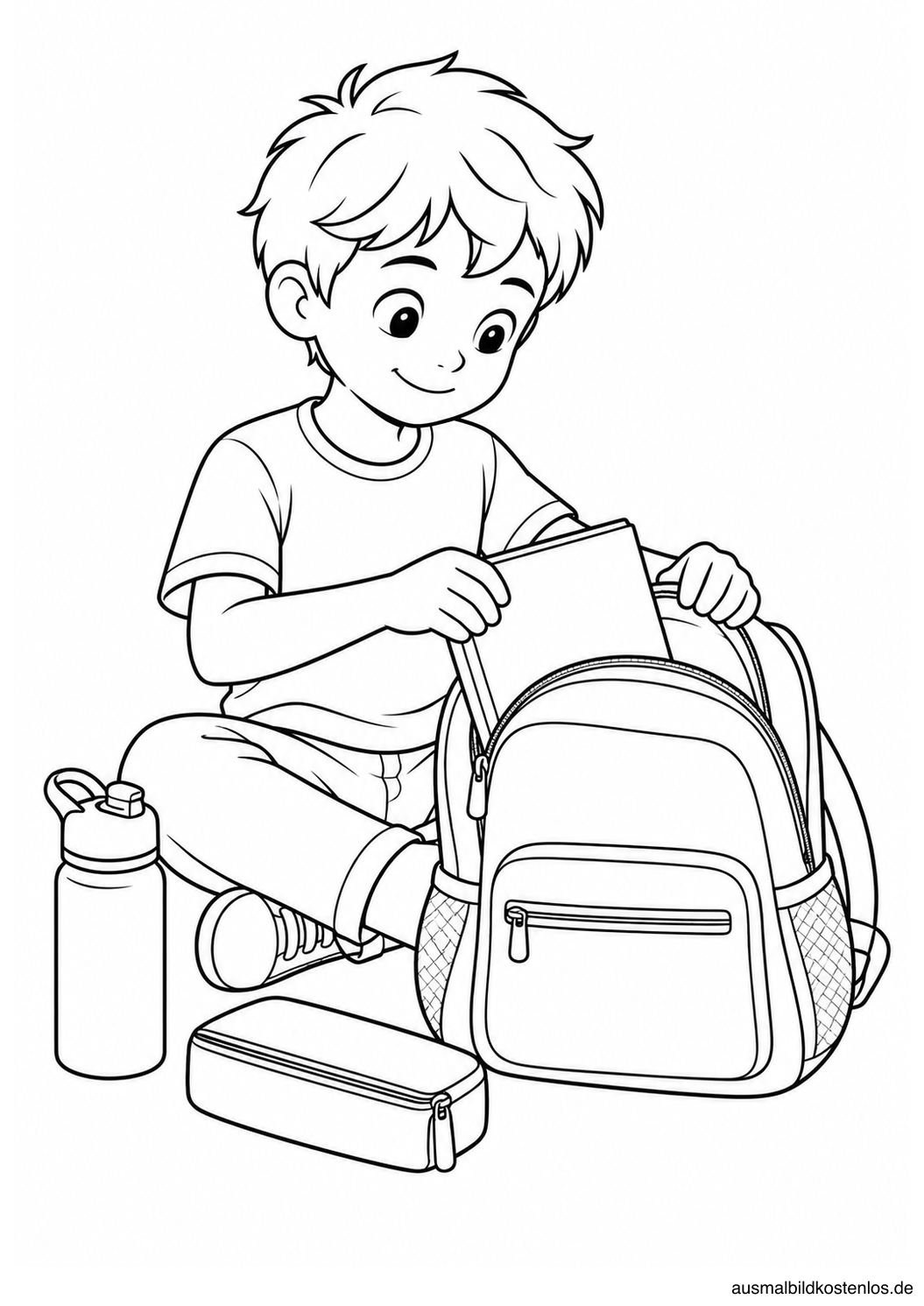 Sitzendes Kind steckt ein Buch in einen offenen Schulranzen; daneben stehen Flasche und Mäppchen.