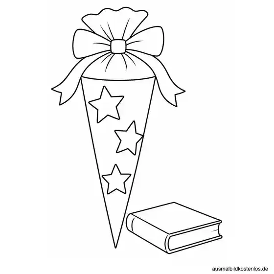 Große Schultüte mit Schleife und Sternen neben einem Buch