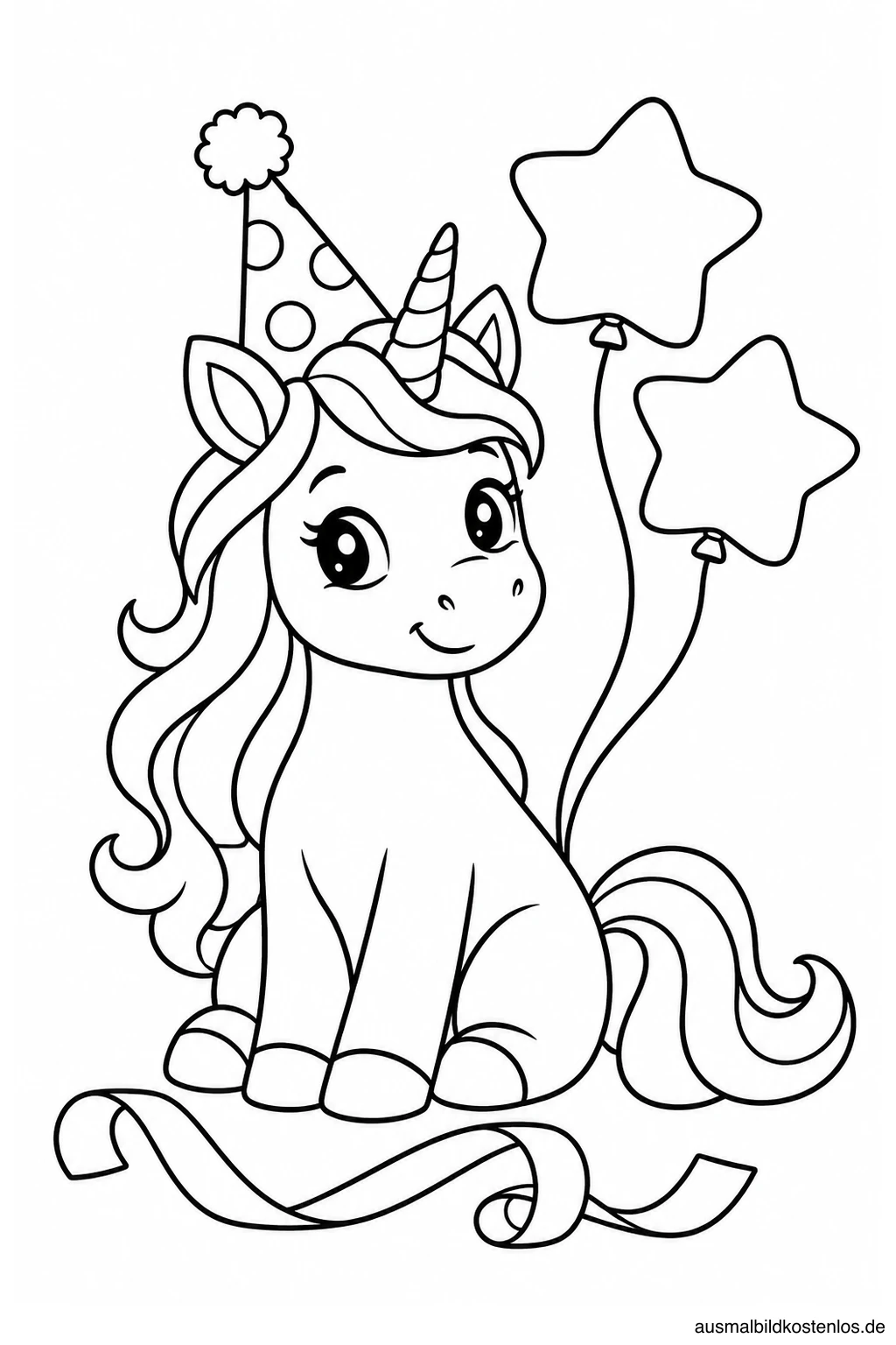 Einhorn mit Sternenballons zu Silvester ausdrucken