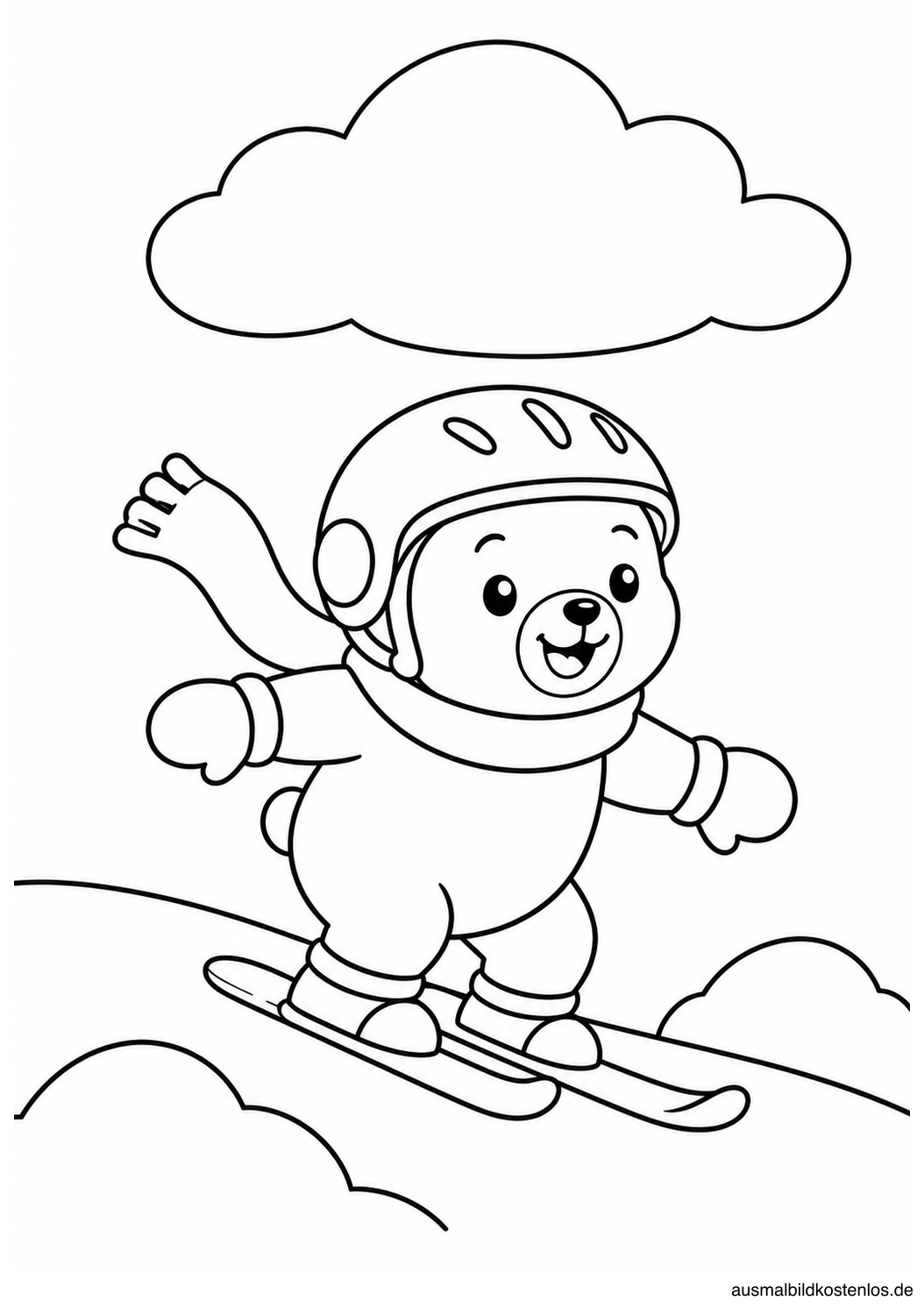 Ein rundlicher Bär mit Helm, Schal und Handschuhen gleitet auf kurzen Skiern über einen Schneehügel.