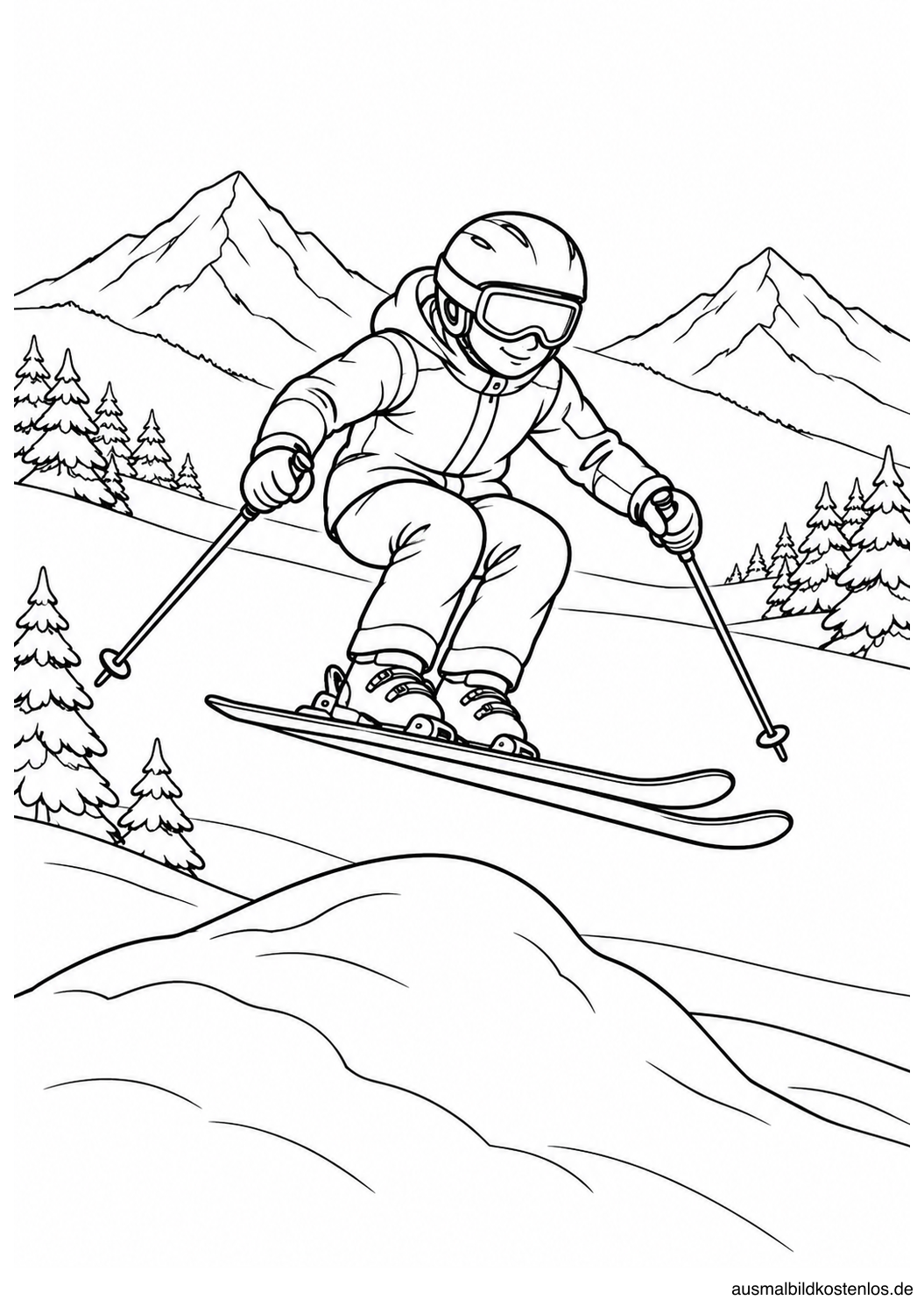 Ein Skifahrer mit Helm und Brille macht einen kleinen Skisprung über einen flachen Hügel.