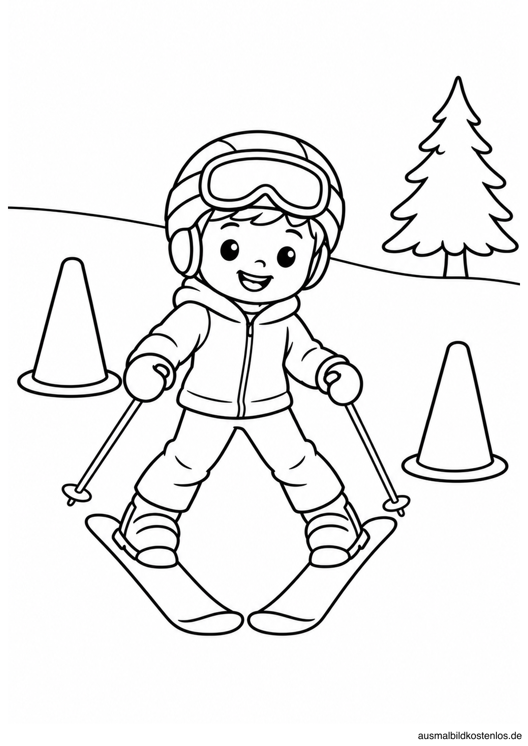 Ein lächelndes Kind mit Helm und Skibrille fährt zwischen zwei Übungskegeln einen sanften Schneehang hinunter.