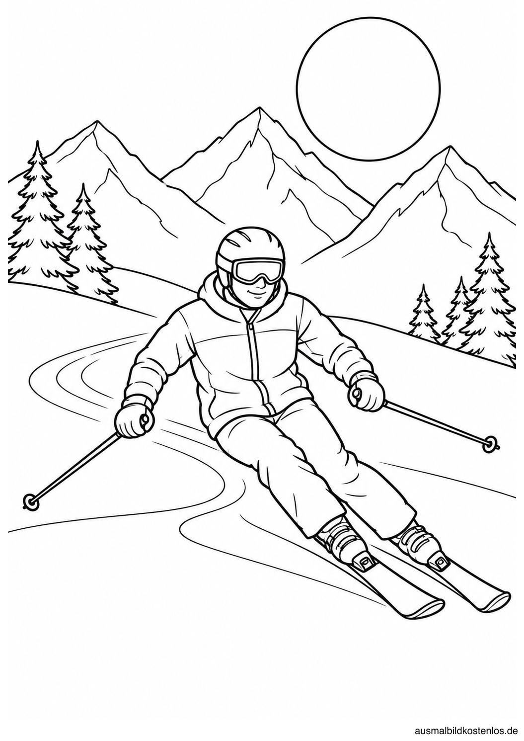 Eine erwachsene Person fährt beim Skifahren eine weite Kurve.
