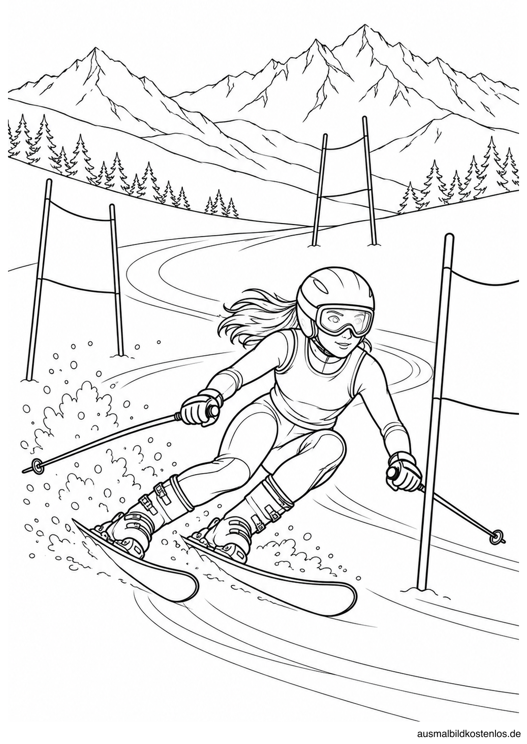 Eine Skifahrerin mit Helm und Brille fährt eine Kurve zwischen drei Slalomtoren.
