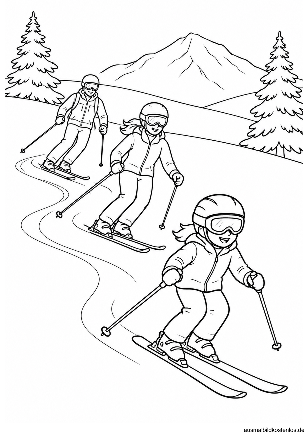Eine Skifamilie mit zwei Erwachsenen und einem Kind fährt hintereinander über eine sanfte Piste.