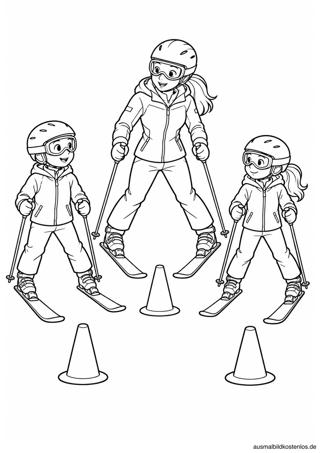 Eine Skilehrerin zeigt zwei Kindern mit Helm und Skibrille die Schneepflughaltung.