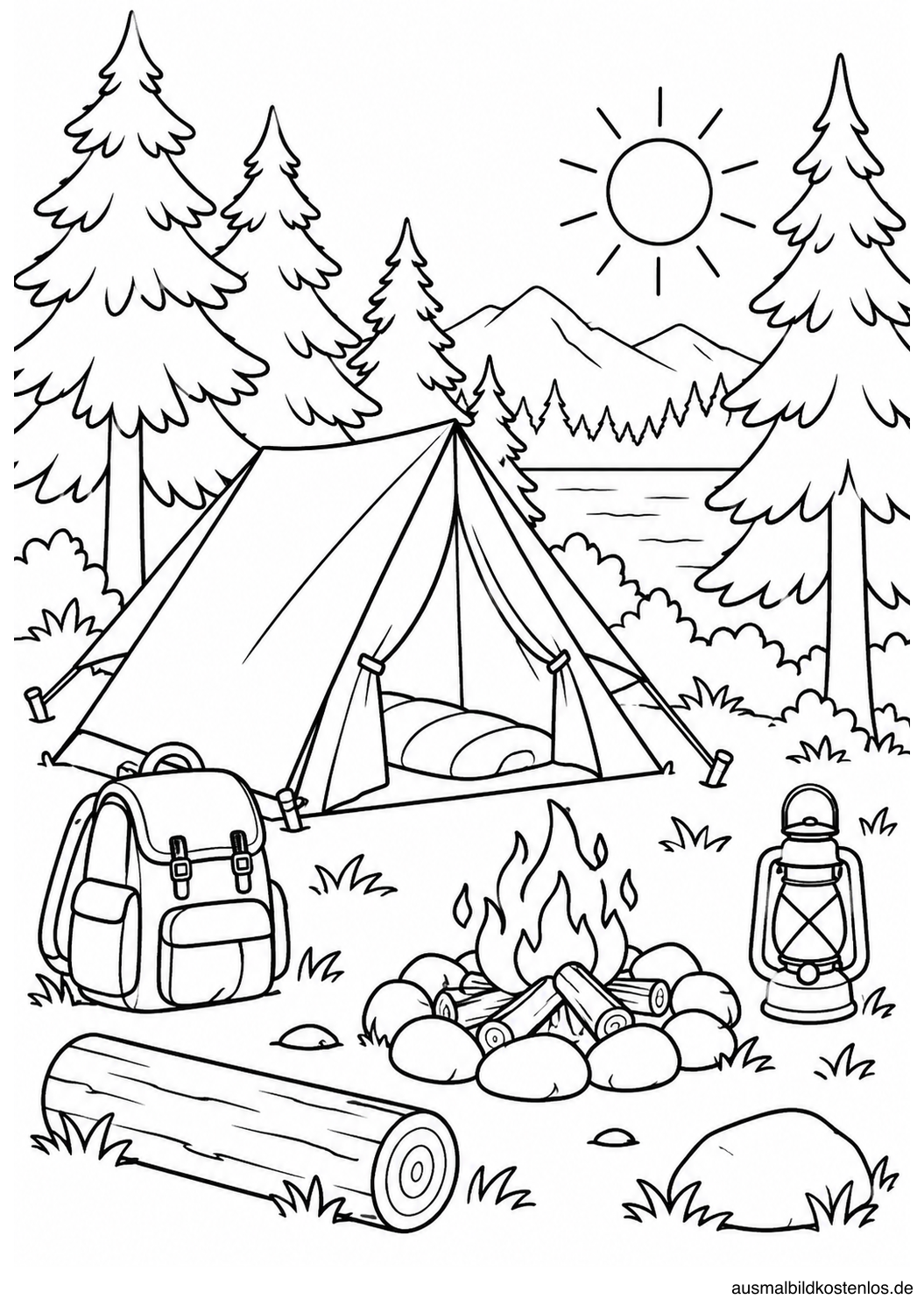 Schwarz-weißes Sommer-Ausmalbild: Camping im Sommerwald: Ein Zelt steht zwischen Bäumen, davor brennt ein Lagerfeuer neben Rucksack und Laterne.