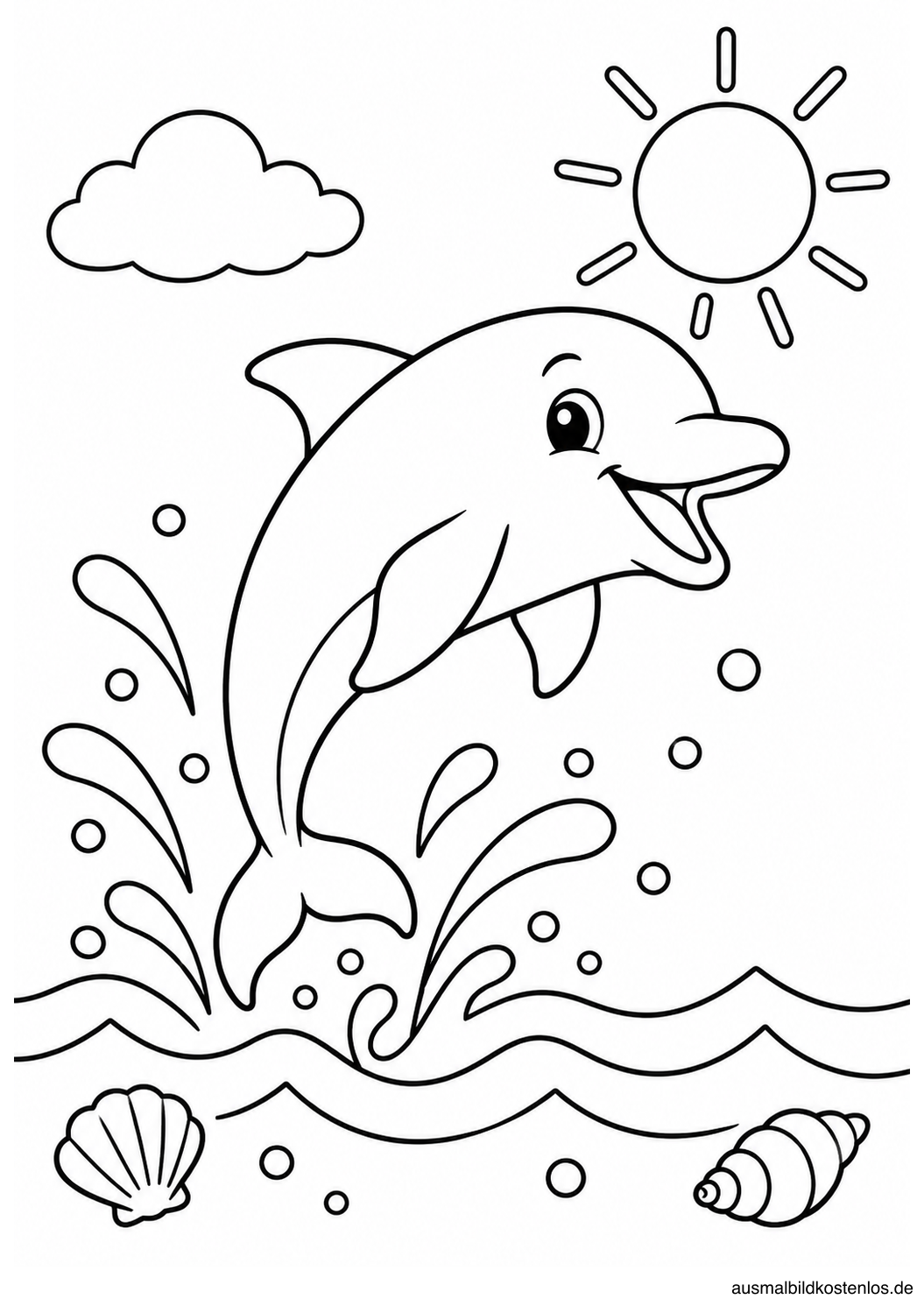 Schwarz-weißes Sommer-Ausmalbild: Fröhlicher Delfin im Meer. Ein lächelnder Delfin springt aus den Wellen.