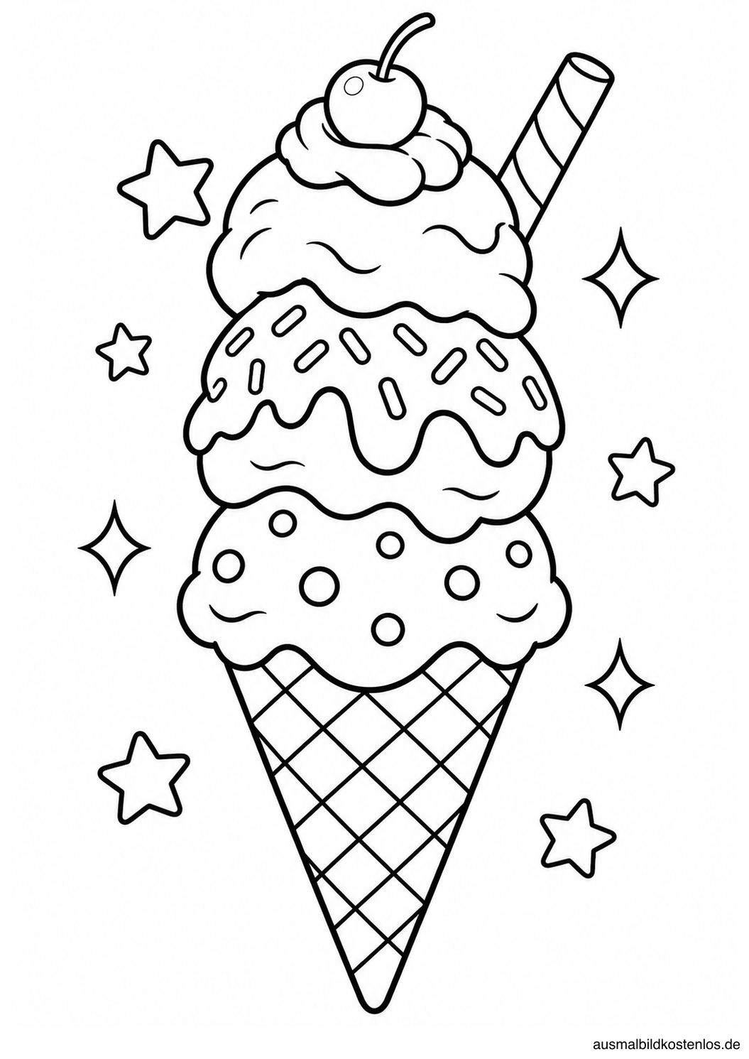 Schwarz-weißes Sommer-Ausmalbild: Eiswaffel mit drei Kugeln. Eine große Waffel trägt drei verzierte Eiskugeln.