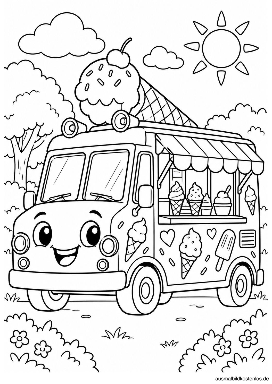Schwarz-weißes Sommer-Ausmalbild: Lustiger Eiswagen. Ein freundlicher Eiswagen mit großen Augen und Markise steht zwischen Bäumen und Blumen.