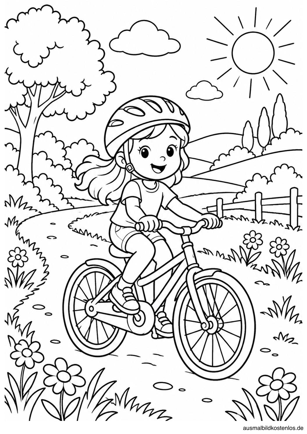 Schwarz-weißes Sommer-Ausmalbild: Fahrradausflug im Sommer: Ein fröhliches Kind fährt mit dem Fahrrad über einen Weg durch eine blühende Sommerlandschaft.
