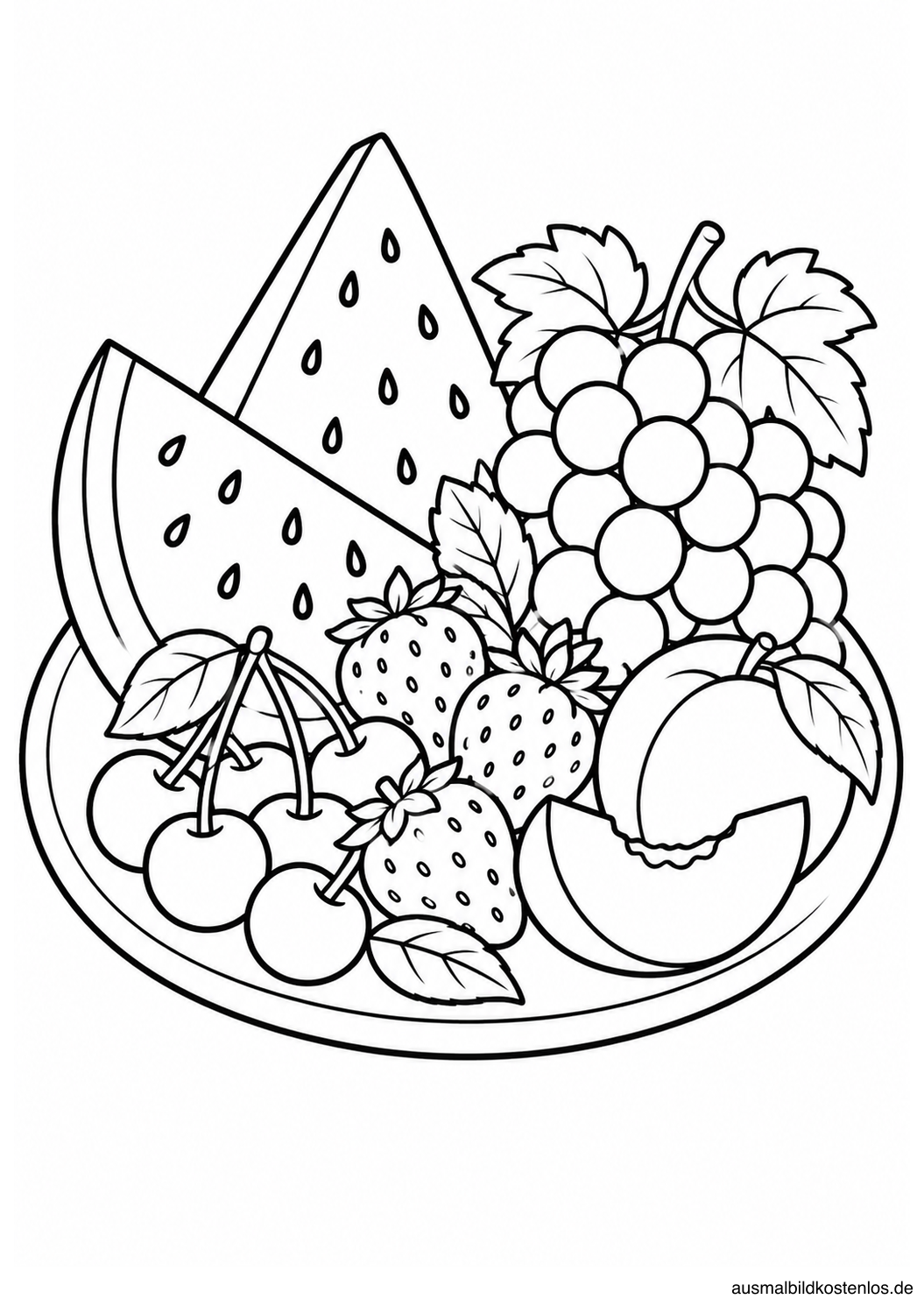 Schwarz-weißes Sommer-Ausmalbild: Sommerfrüchte auf dem Teller. Auf einem runden Teller liegen zwei Wassermelonenscheiben, Erdbeeren, Kirschen, Weintrauben und weitere Früchte.