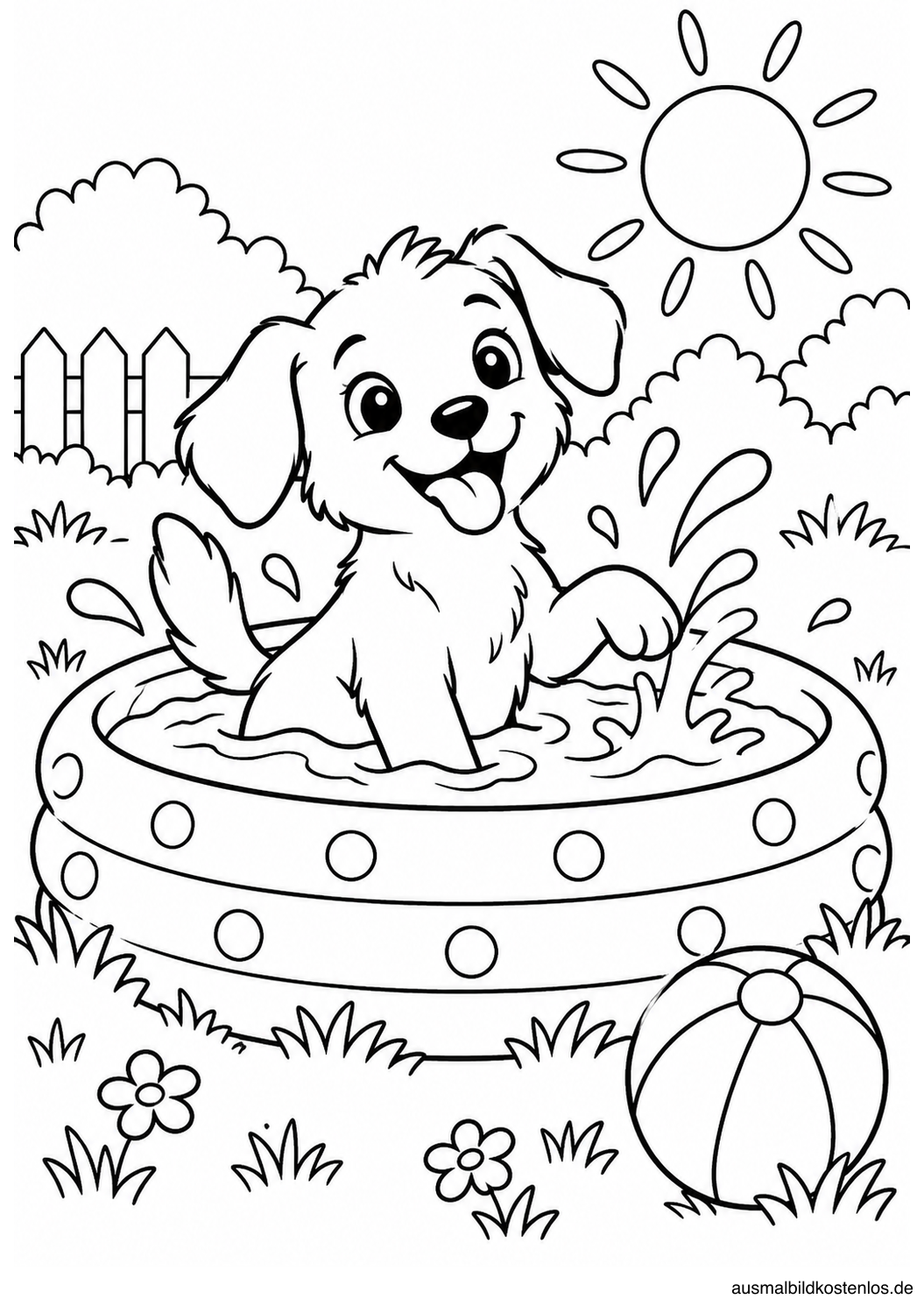 Schwarz-weißes Sommer-Ausmalbild: Hund im Planschbecken. Ein fröhlicher Hund planscht in einem runden Becken und hebt die Vorderpfote.