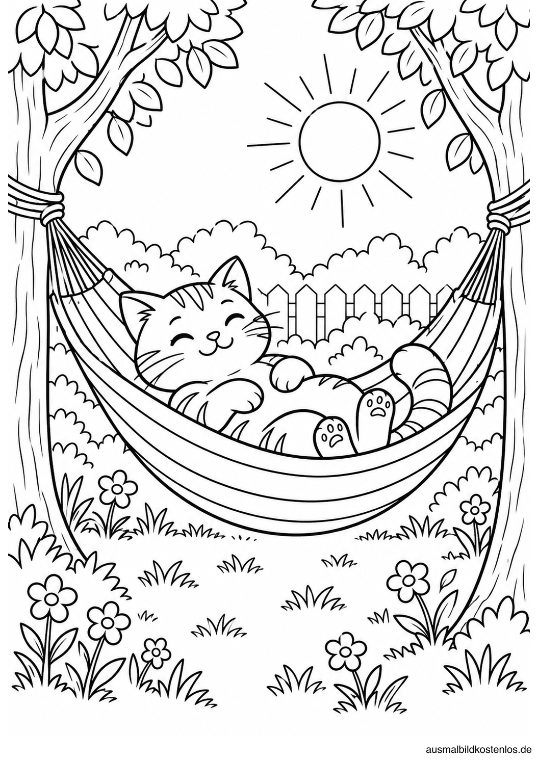 Schwarz-weißes Sommer-Ausmalbild: Katze in der Hängematte: Eine zufriedene Katze liegt zwischen zwei Bäumen in einer Hängematte im Garten.