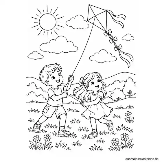 Kinder beim Drachensteigen Ausmalbild zum Ausdrucken