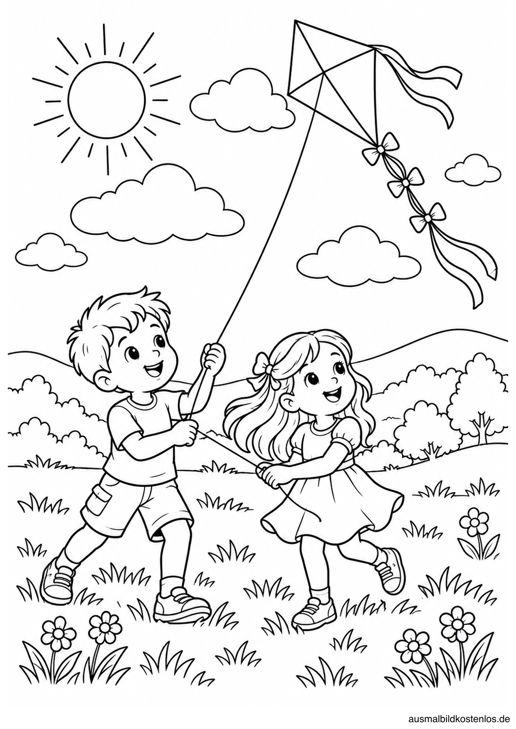 Schwarz-weißes Sommer-Ausmalbild: Kinder beim Drachensteigen: Zwei fröhliche Kinder lassen auf einer Wiese einen großen Drachen in den Himmel steigen.