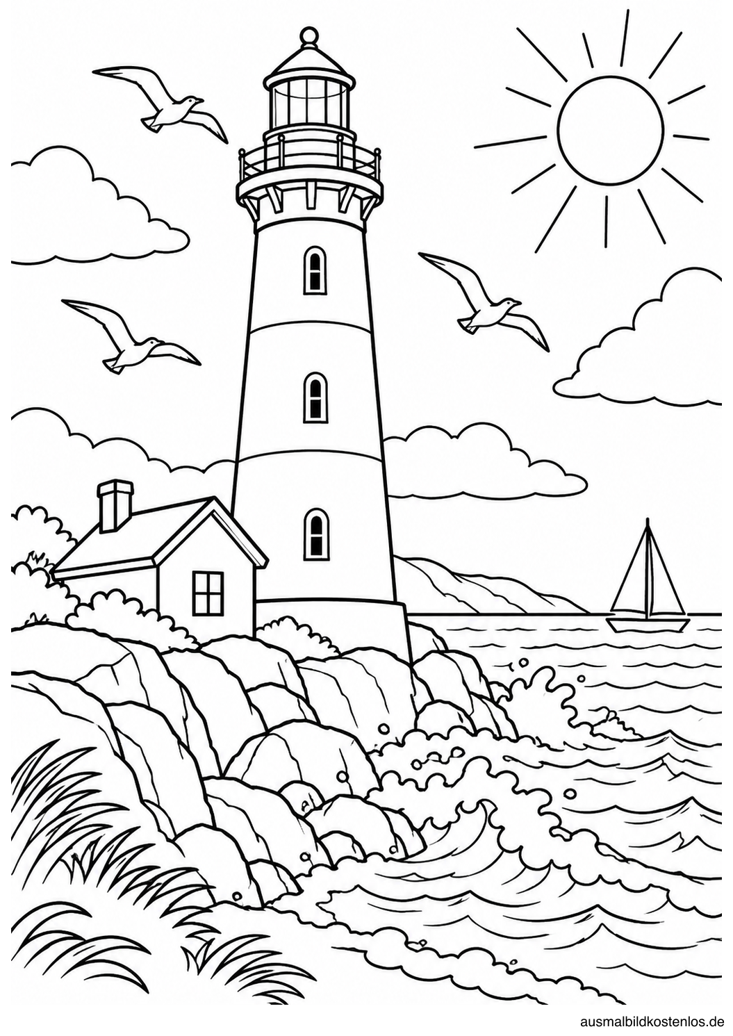 Schwarz-weißes Sommer-Ausmalbild: Leuchtturm an der Küste: Ein hoher Leuchtturm steht auf Felsen am Meer, begleitet von Wellen, Möwen und einem Segelboot.