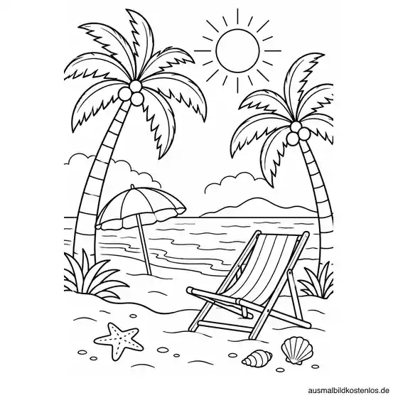 Palmenstrand mit Liegestuhl Ausmalbild zum Ausdrucken