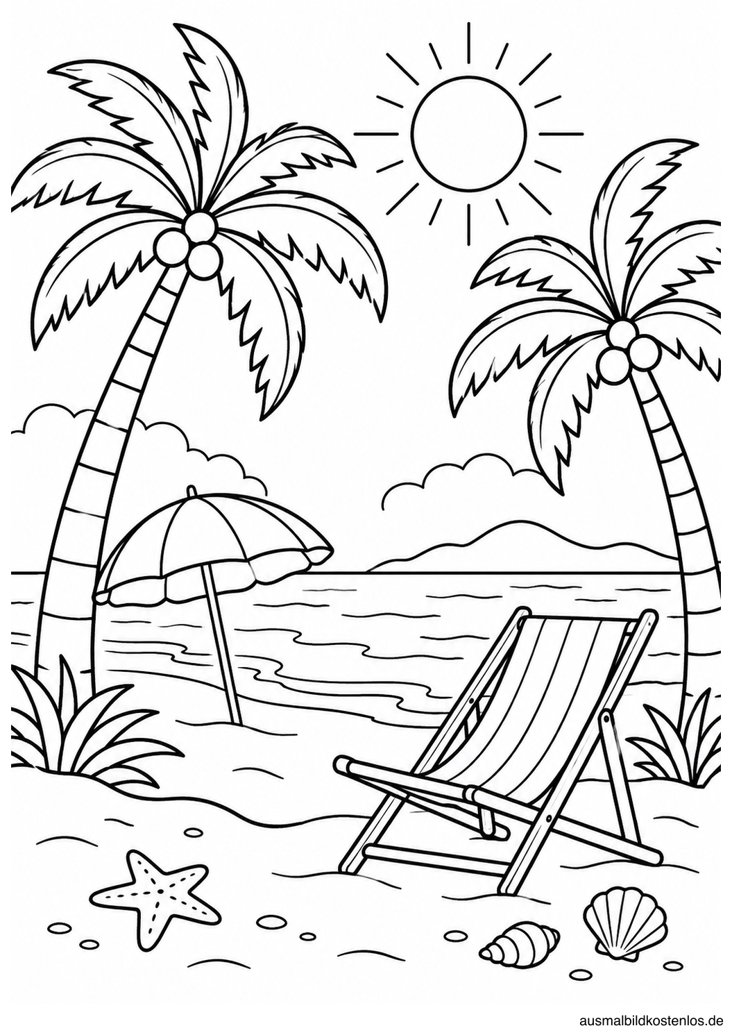 Schwarz-weißes Sommer-Ausmalbild: Palmenstrand mit Liegestuhl. Zwei Palmen rahmen einen freien Liegestuhl und einen Sonnenschirm am Strand ein.