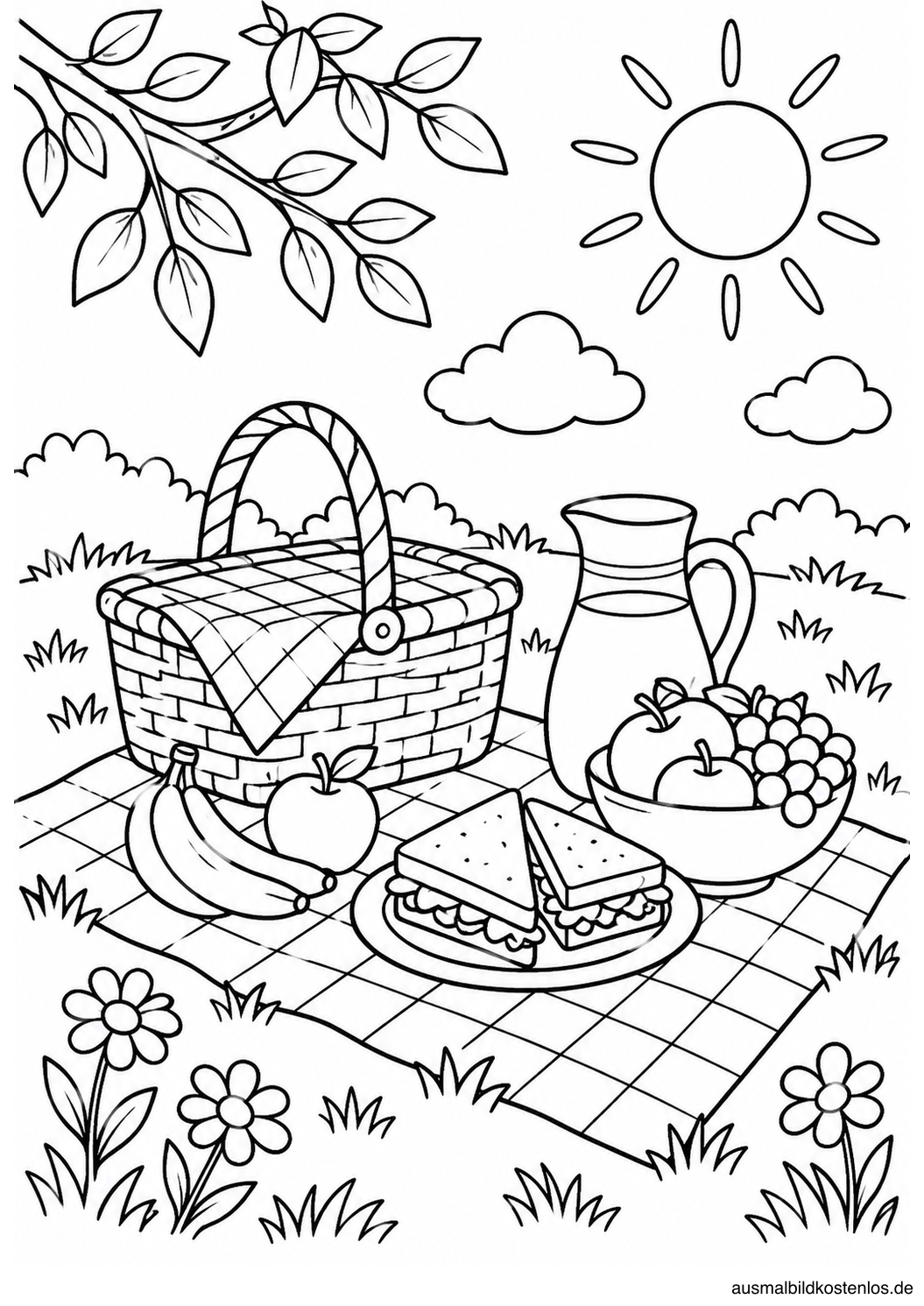 Schwarz-weißes Sommer-Ausmalbild: Sommerliches Picknick. Auf einer karierten Picknickdecke stehen ein Korb, eine Karaffe, Obst, belegte Brote und ein Obstteller.