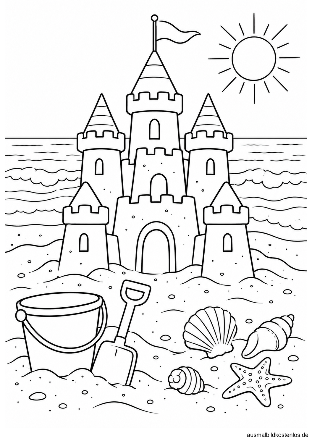 Schwarz-weißes Sommer-Ausmalbild: Sandburg am Strand. Eine hohe Sandburg mit mehreren Türmen und Fahne steht am Meer.
