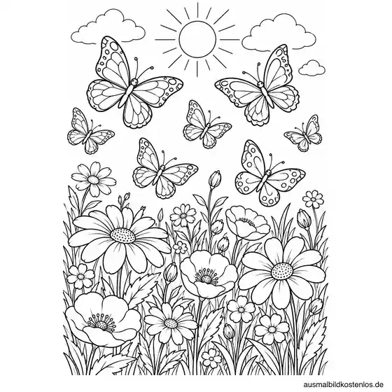 Schmetterlinge auf Blumenwiese Ausmalbild zum Ausdrucken