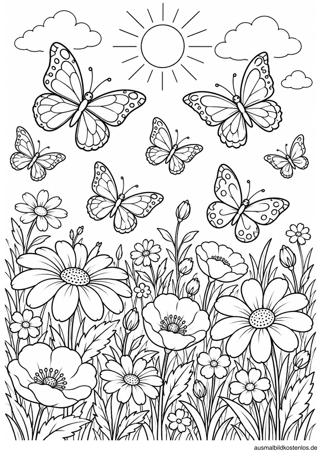 Schwarz-weißes Sommer-Ausmalbild: Schmetterlinge auf Blumenwiese. Mehrere Schmetterlinge mit gemusterten Flügeln fliegen über einer dicht blühenden Sommerwiese mit Margeriten und anderen Blumen.