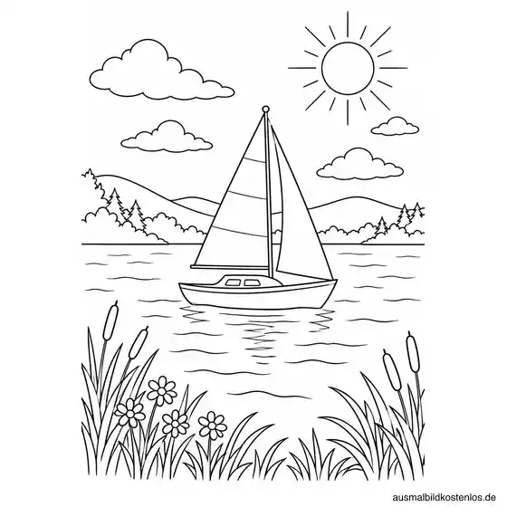 Segelboot auf dem See Ausmalbild zum Ausdrucken